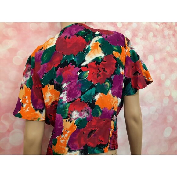 Vintage 80s Carole Little Floral Flutter Sleeve Top Size L Rayon Crepe Faux Wrap - Picture 7 of 11